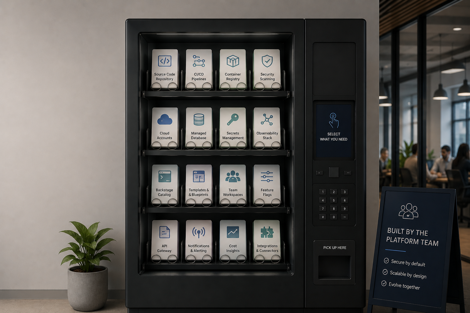 A platform vending machine dispensing reusable, paved-path capabilities to product teams